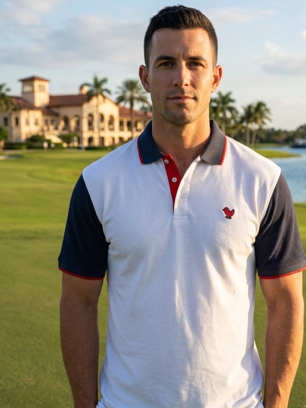 Bad Birdie White Polo with Navy Sleeves and Red Accents